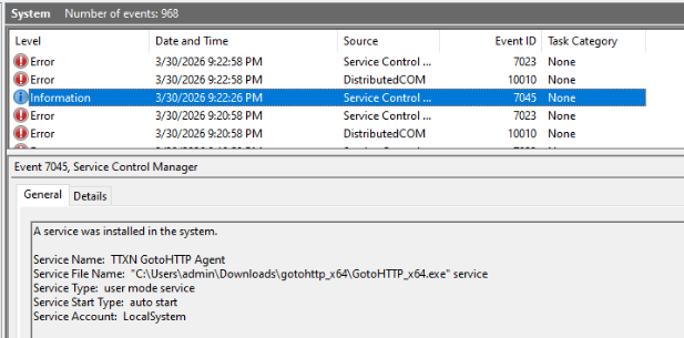 System Event ID 7045 shows service creation
