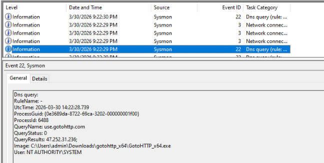 Another DNS request to *.gotohttp.com