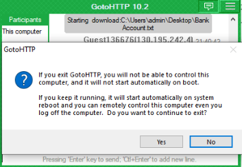 Warning box displayed after clicking exit on GotoHTTP client