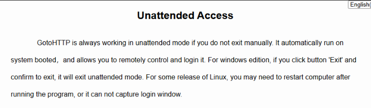 GotoHTTP web message confirming unattended mode