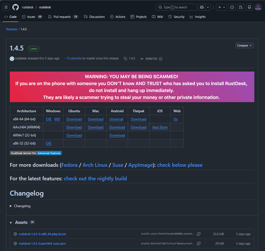 RustDesk GitHub releases page with scammer disclaimer