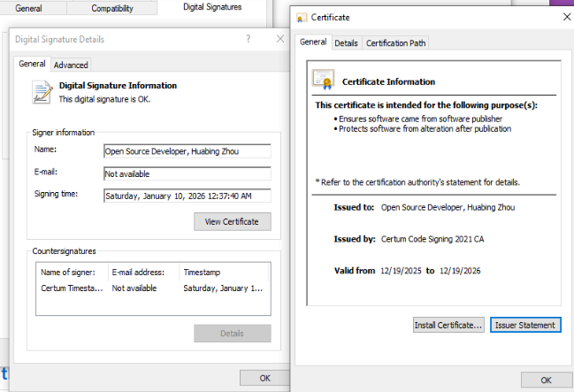 RustDesk digitally signed by Open Source Developer Huabing Zhou