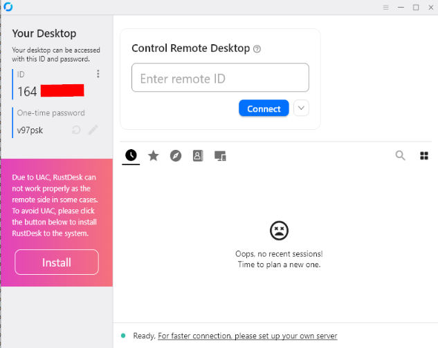 RustDesk UI showing device ID and one-time password