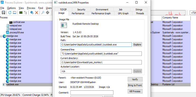 rustdesk.exe extracted to AppData Local and becomes primary binary