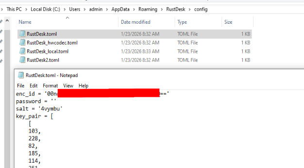 RustDesk.toml containing encrypted unique ID, password, and salt