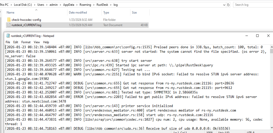 rustdesk_rCURRENT.log with local timezone timestamps and component info