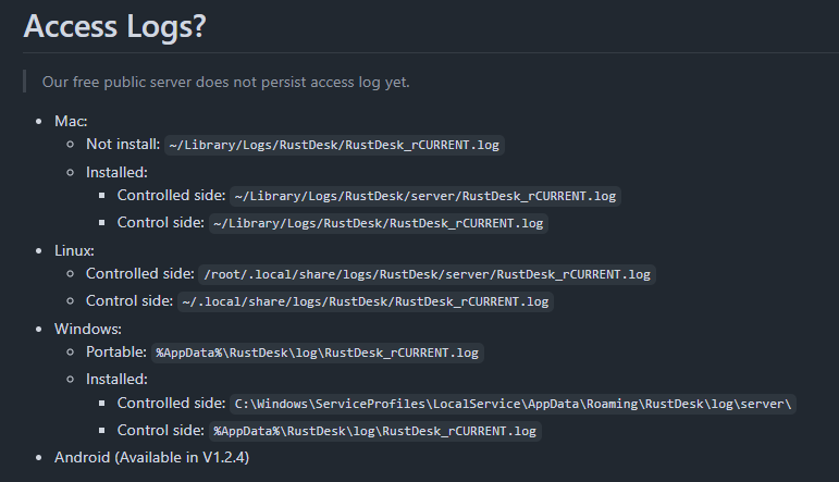 RustDesk FAQ page showing log file locations per OS