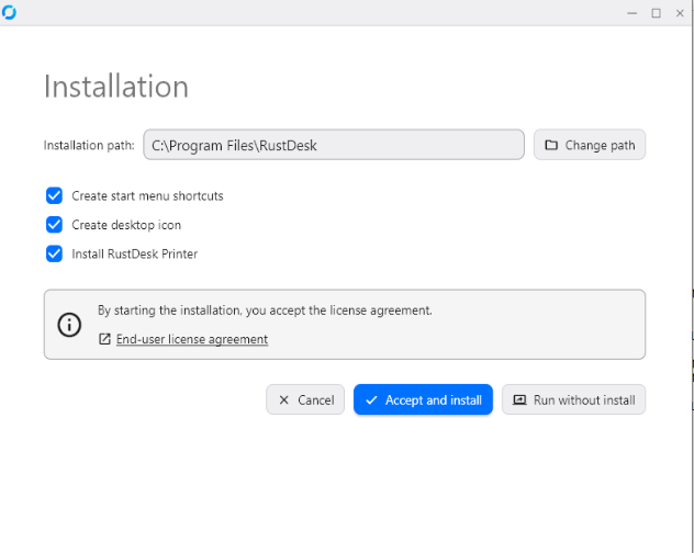 RustDesk installation via GUI or CLI requiring admin privileges