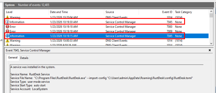 Event ID 7045 Service Installed for RustDesk in System.evtx