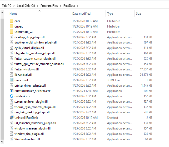 RustDesk installation directory contents