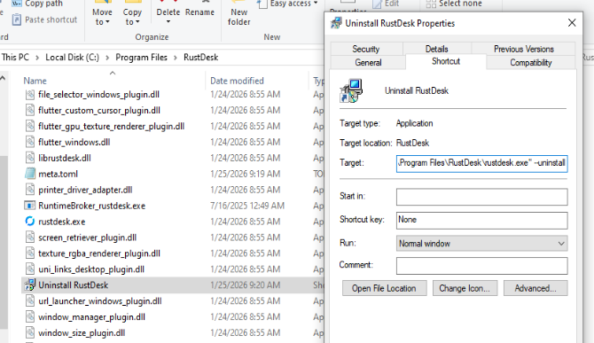 Uninstall shortcut runs rustdesk.exe --uninstall