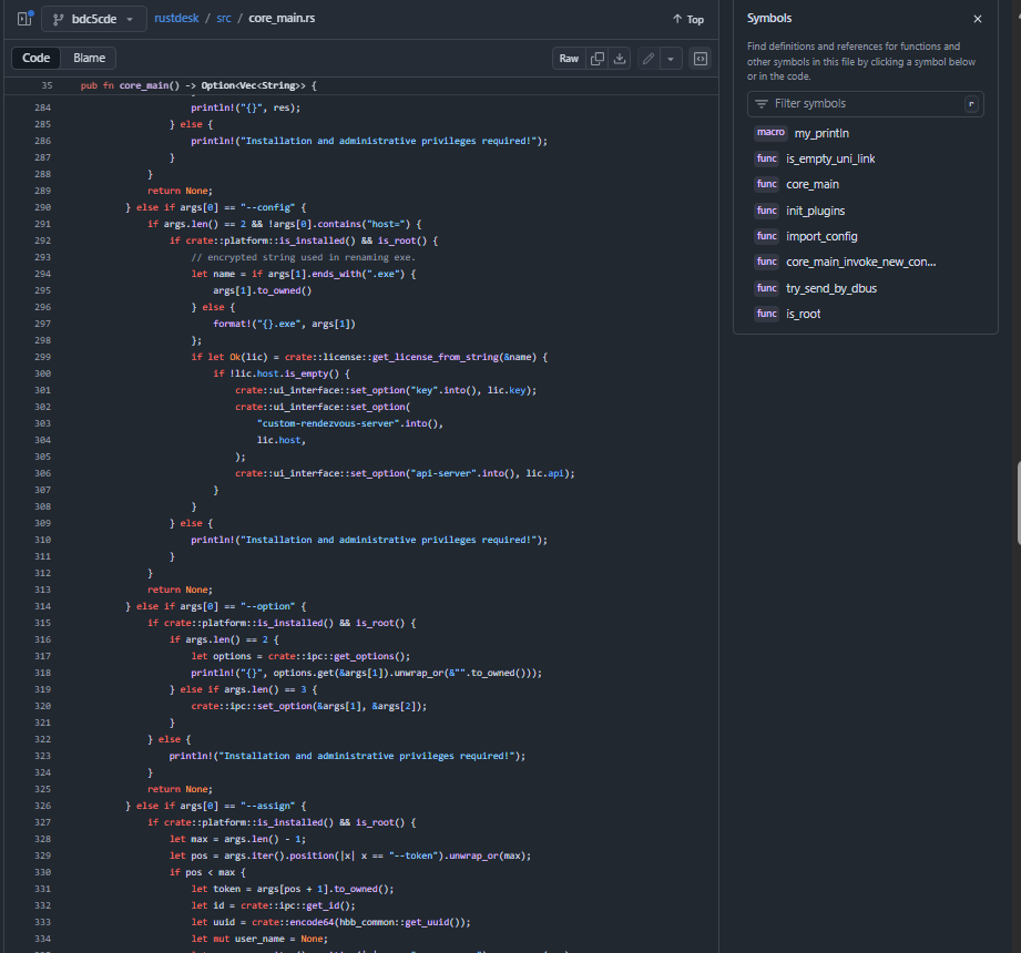 RustDesk source code showing additional undocumented CLI flags