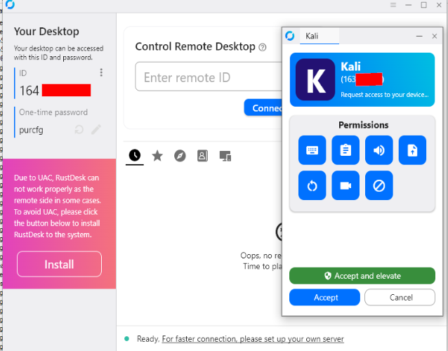 Accept or Accept and elevate options on end device