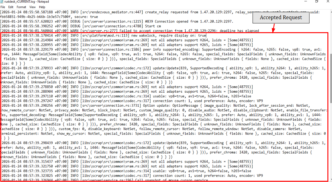 Additional log entries after Accept, but no RustDesk ID logged