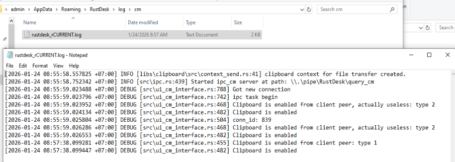 Clipboard manager log created in AppData Roaming rustdesk log cm