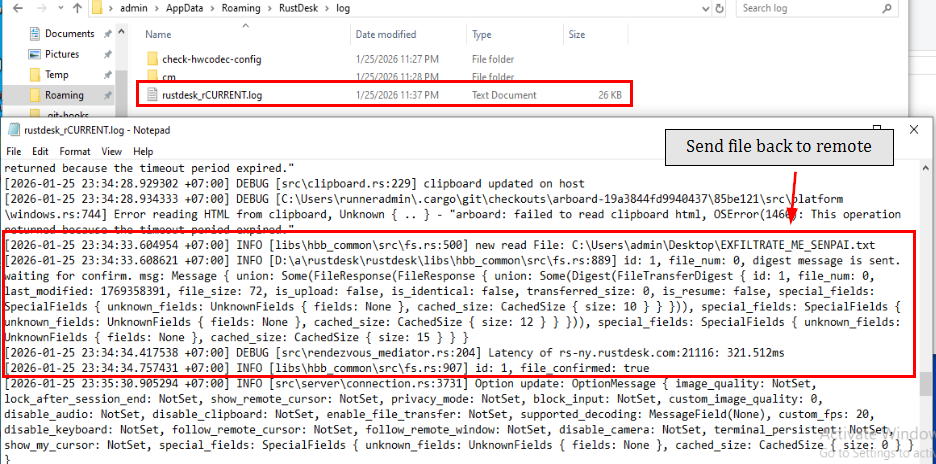 new read File entry in log showing path and size of downloaded file