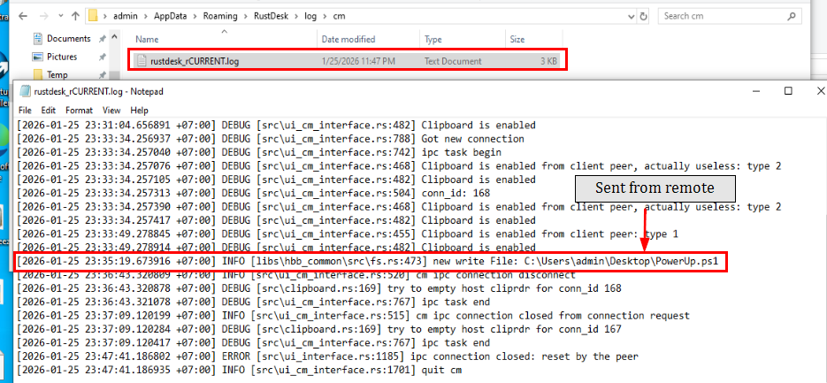 new write File in clipboard manager log for file uploaded to end device