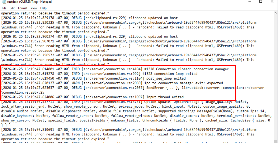 File transfer session closed log