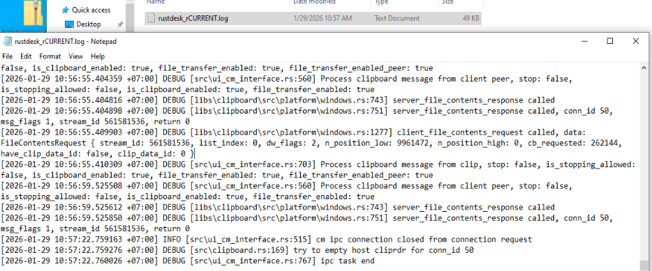 Clipboard-based file transfer log events