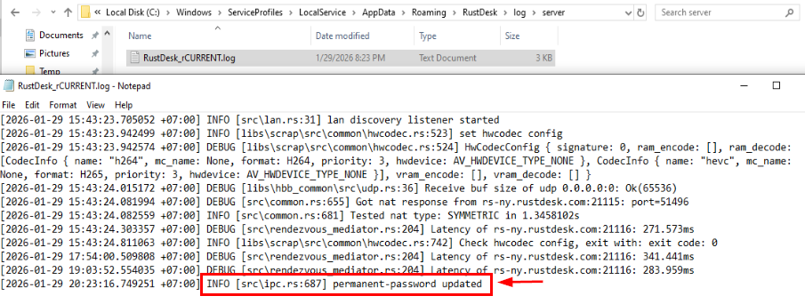 permanent-password update logged in LocalService RustDesk log