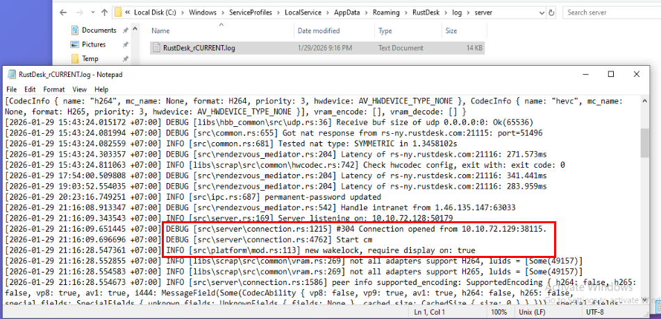 Unattended access connection logged in LocalService service log