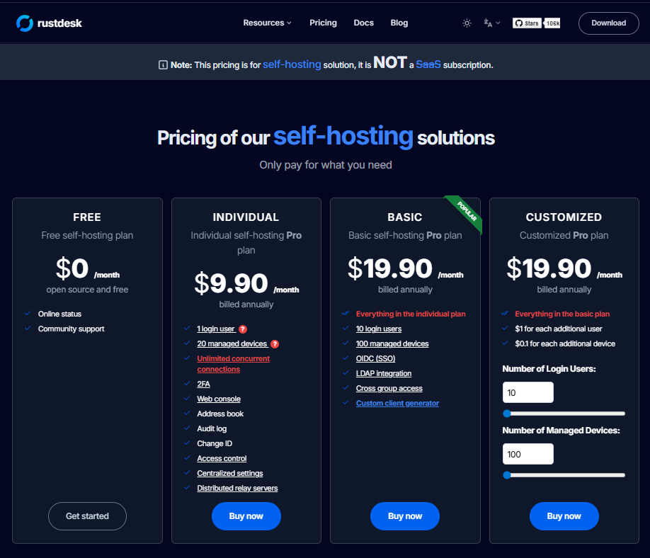 RustDesk pricing page showing free vs paid plans