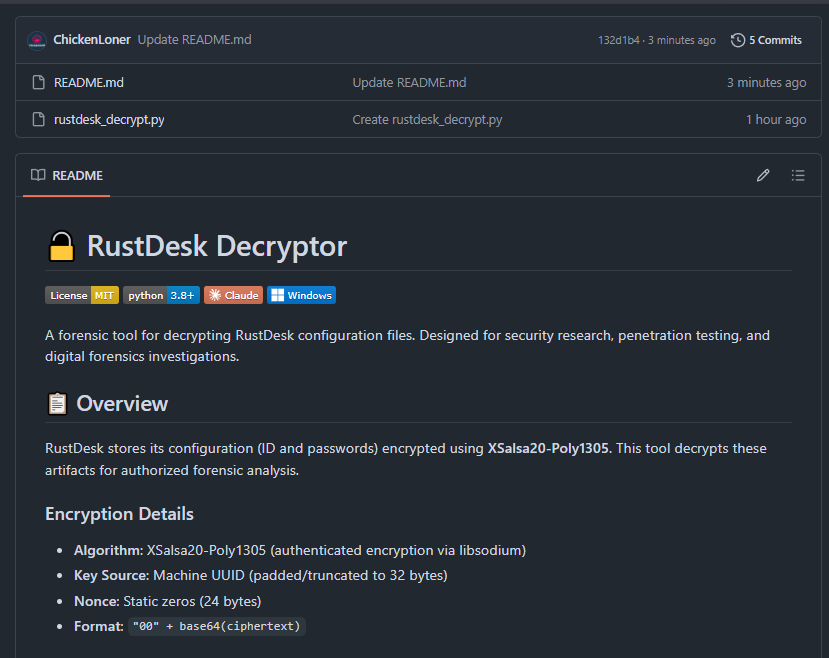 Python decryption script for RustDesk configuration