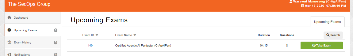 Upcoming Exams section showing C-AgAIPen exam