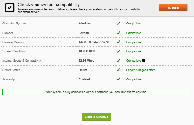 Exam portal pre-start system checks