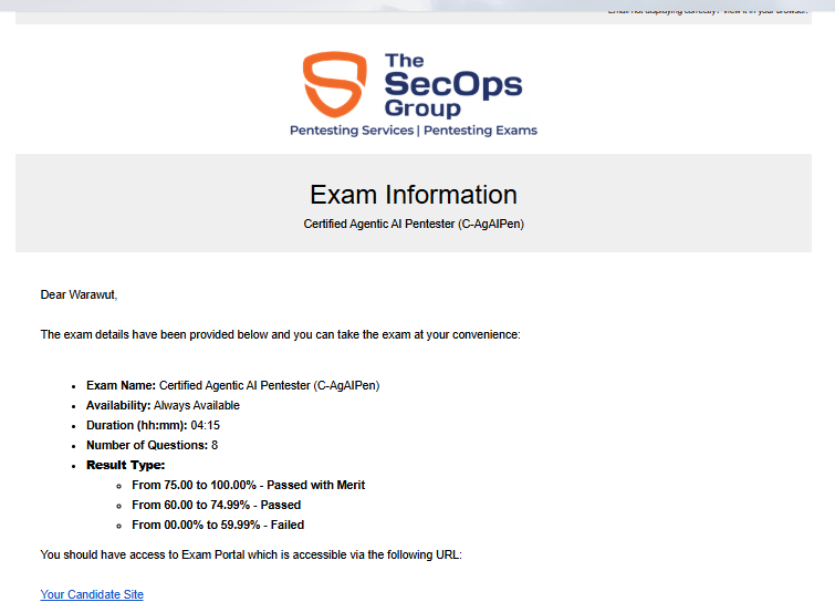 Exam registration email with exam details