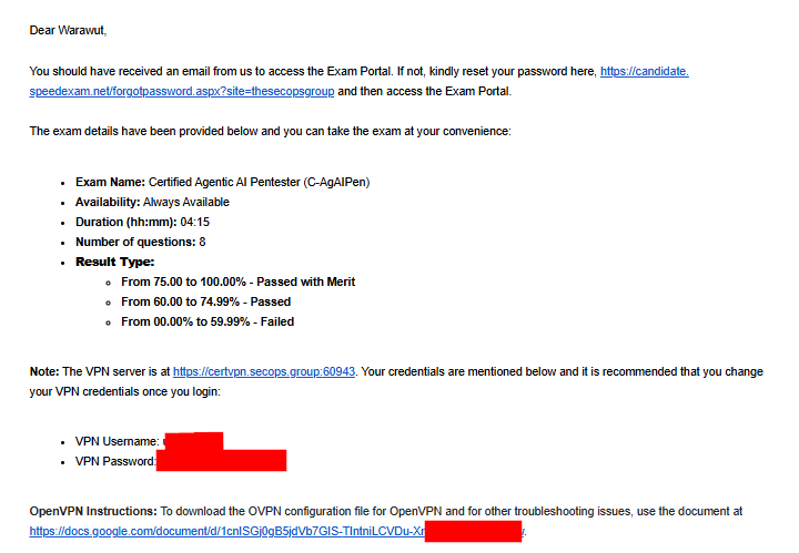 VPN access email with OpenVPN download instructions