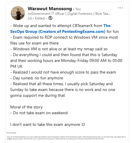Email to The SecOps Group support — automated response received