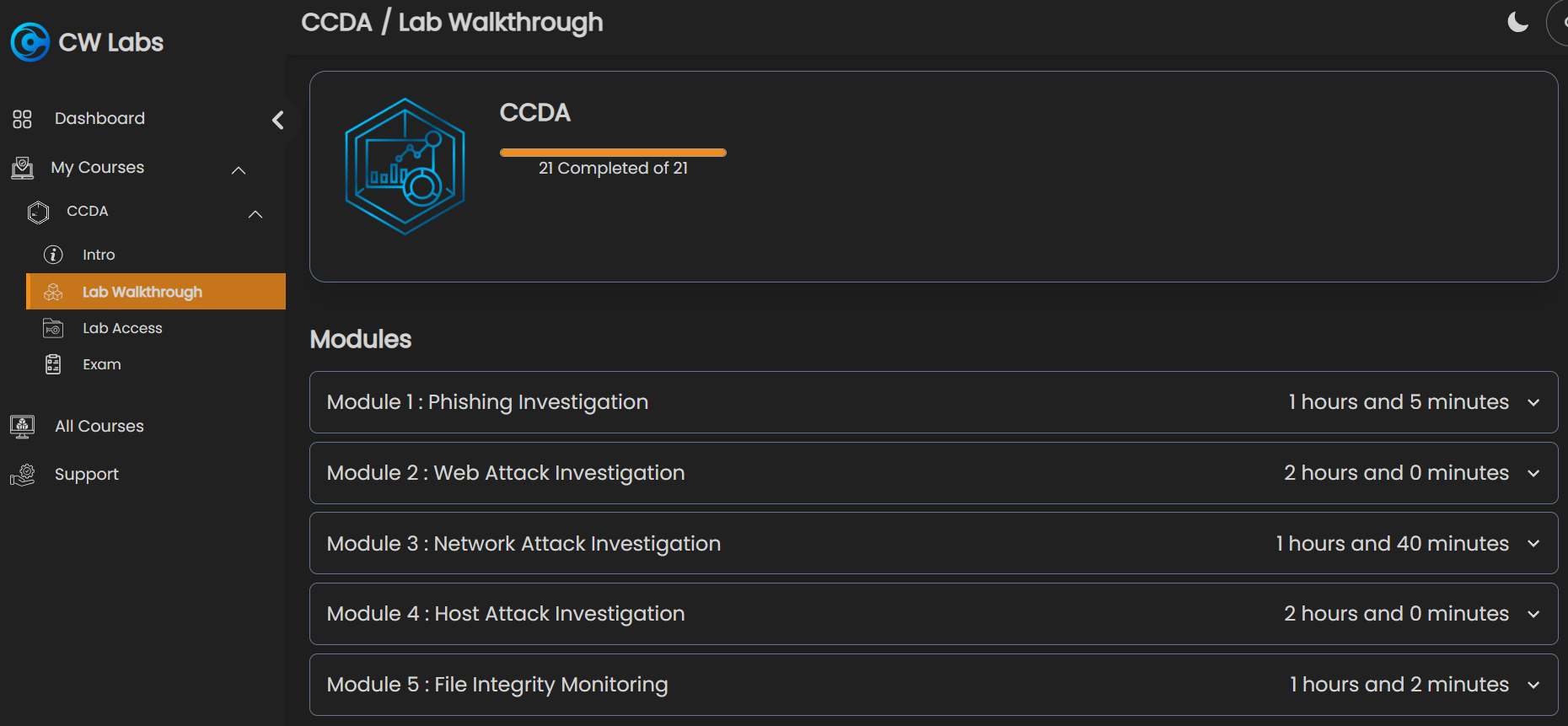 CyberWarFare Labs lab platform — 21 CCDA labs