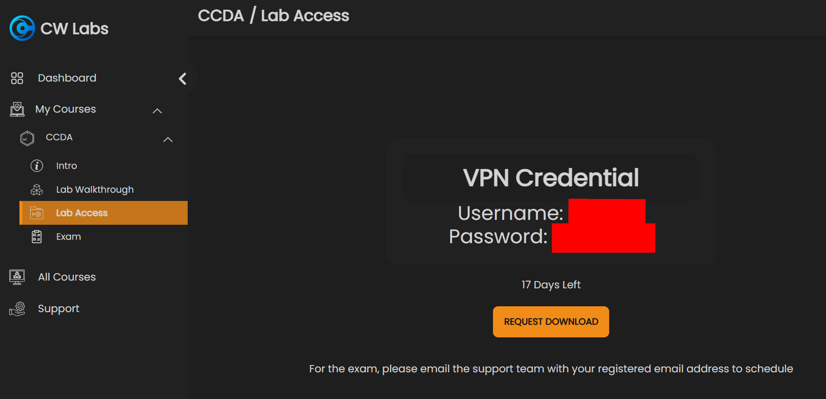 Lab access request page — 30-day window, OpenVPN required