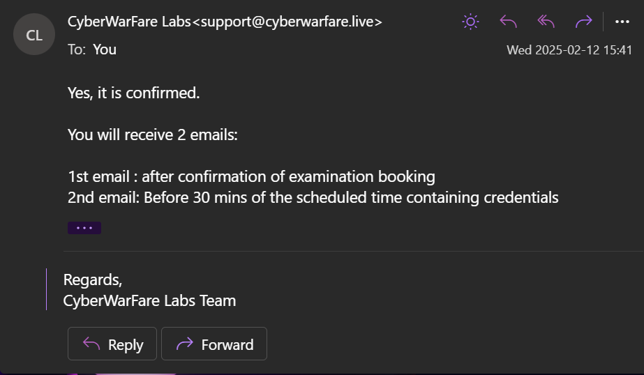 CyberWarFare Labs reply confirming exam schedule