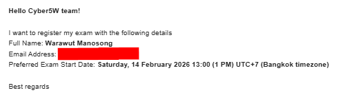 Exam scheduling email exchange with Cyber5W