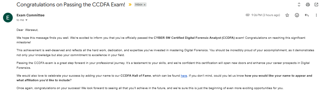 CCDFA pass confirmation email from Cyber5W