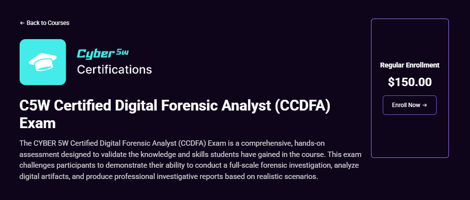 CCDFA exam page on Cyber5W academy