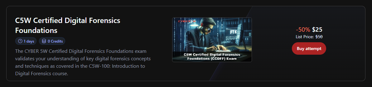 CCDFF exam page on Cyber5W labs