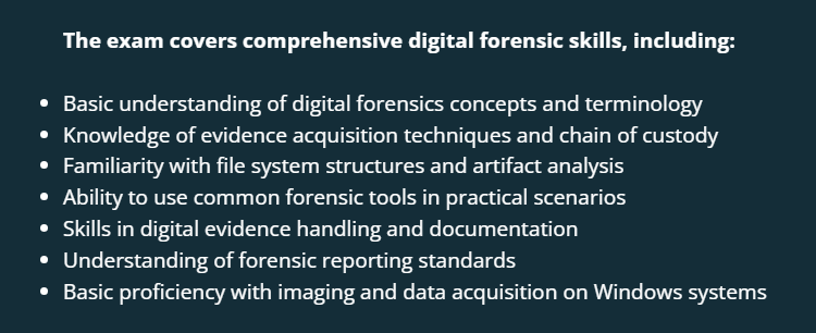 CCDFF exam focus areas listed on the Cyber5W exam page