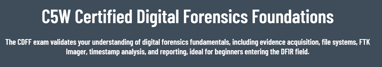 Exam topics: evidence acquisition, file systems, FTK Imager, timestamp analysis, reporting