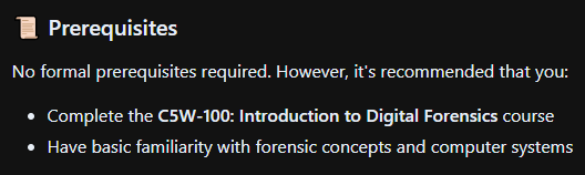 Cyber5W recommended course: C5W-100 Introduction to Digital Forensics