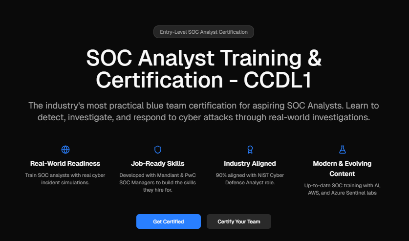 CCDL1 certification page on CyberDefenders