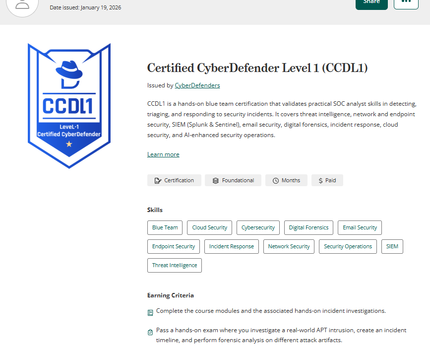 CCDL1 certificate from CyberDefenders