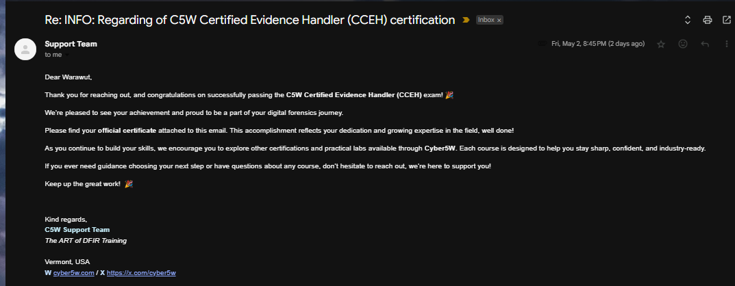Certificate received via email as a PDF attachment