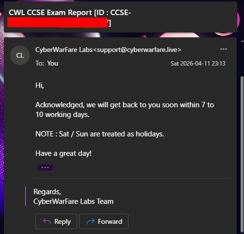 CWL acknowledgment email confirming report receipt