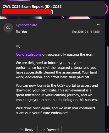 Result email from CWL — exam passed