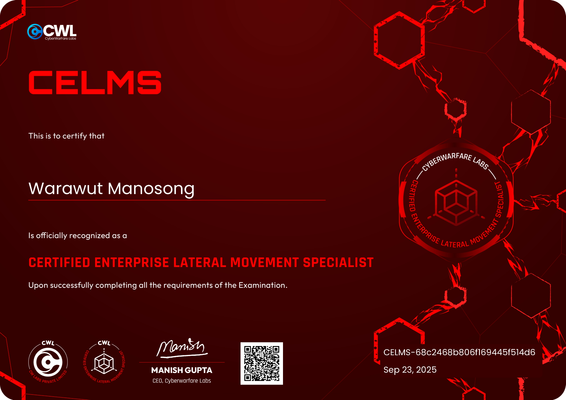 CyberWarFare Labs Certified Enterprise Lateral Movement Specialist (CELMS)