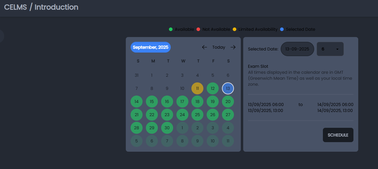 Exam scheduling calendar — pick an available slot