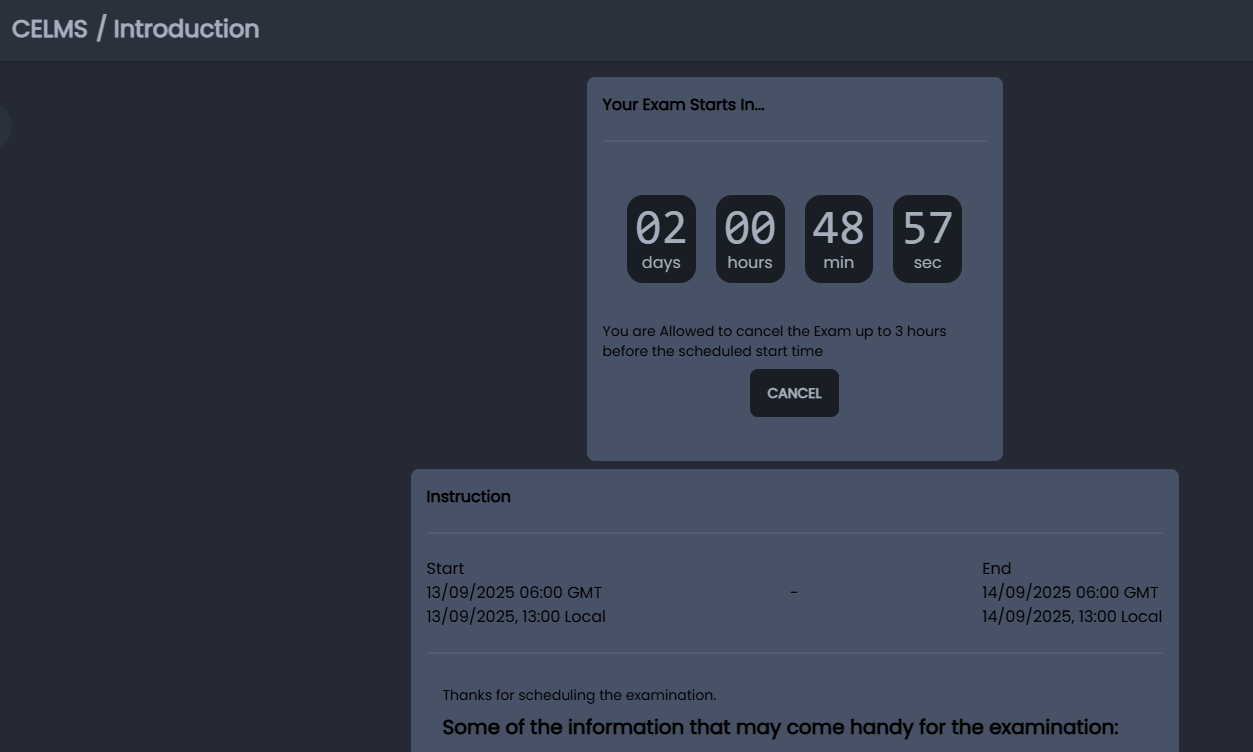 Countdown timer and exam information panel after booking